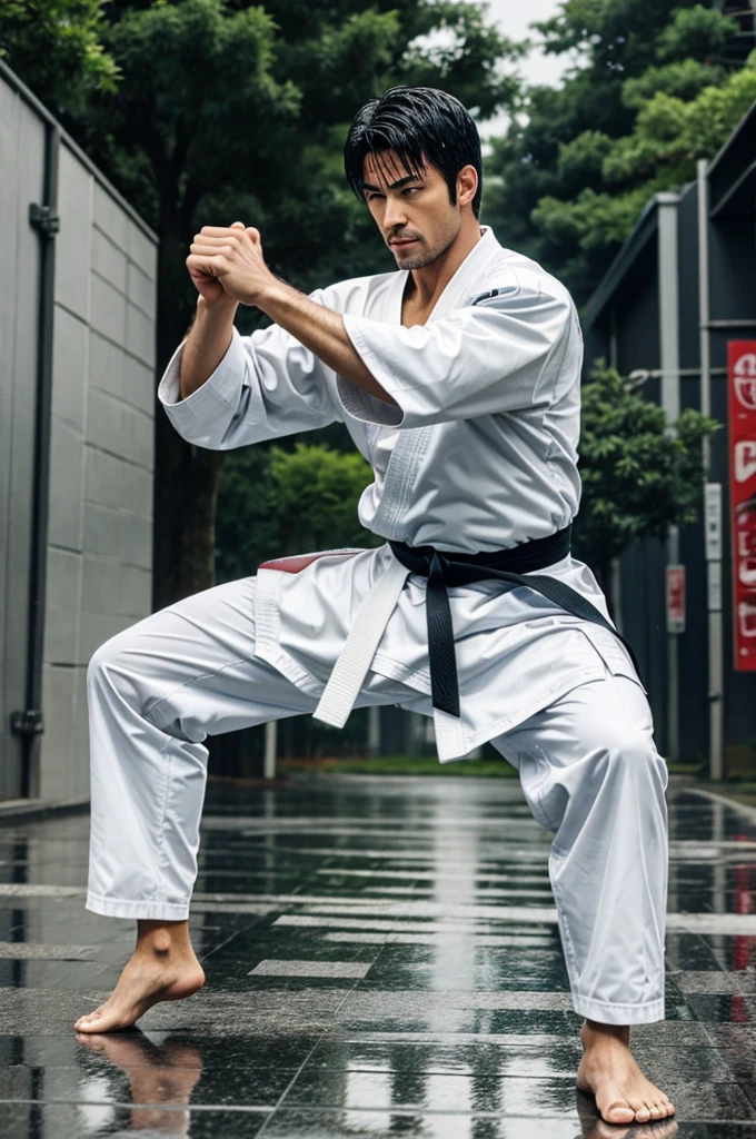 Man doing karate in rain Anime style