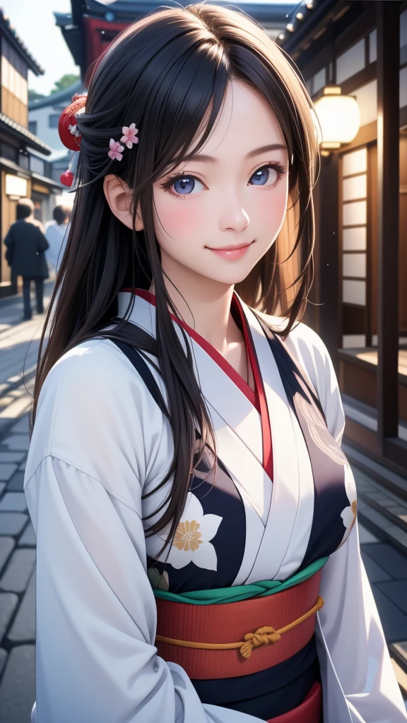 Highest quality　High resolution　Simple　Shrine maiden服　Long bangs　Adult female　Shrine maiden　Loose expression　cute　smile　Scarlet Hakama　Beautiful Eyes　One Woman　Long side hair　Very black hair　Shiny long hair　Straight hair　Ahoge　Wide sleeves　Long hem　cute目　White Background