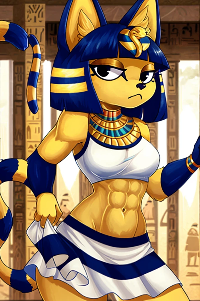 ((best quality)), ((masterpiece)), (detailed), a digital artwork of ankha with abs wearing a crop top of her white sleeveless dress with white long dress skirt, a bare midriff and a bare navel, Egyptian setting, tail, blue Egyptian handbands, furry, anthro style,