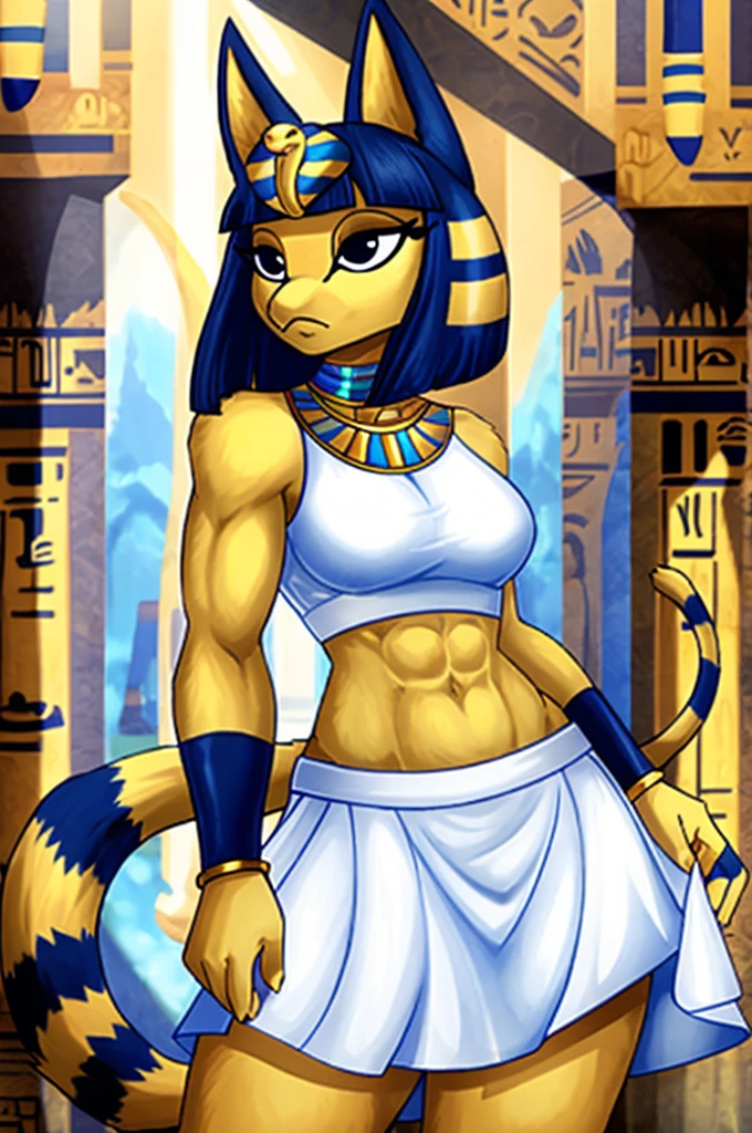 ((best quality)), ((masterpiece)), (detailed), a digital artwork of ankha with abs wearing a crop top of her white sleeveless dress with white long dress skirt, a bare midriff and a bare navel, Egyptian setting, tail, blue Egyptian handbands, furry, anthro style,