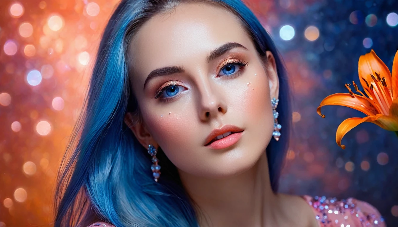 Beautiful realistic girl with blue long hair... ,..... ,Close-up of clean skin with detail ,,in a pink blouse,on an orange background ,Against the background of the starry sky,bright makeup,EARRINGS WITH SEquins, gray two-leaf flower, translucent gray speckled bifoil, Bioluminescent - Ultra High Quality 8K, High Contrast, rich colors, soft light, super detailed photos. сверхhigh quality 8K, High Contrast, noise suppression, яркие rich colors.. high quality, 8k Ultra HD, High with high quality, soft close focus, very beautiful flower, translucent red lily of the valley with dewdrop flower, bioluminescent flower glows and shimmers, he grows in a mysterious forest, Shrouded in mystery, Сверхhigh quality 8k, high contrast, rich colors, Soft lungs, highly detailed photographs. Более high quality 8k, high trust, noise suppression, яркие rich colors.. high quality, 8k Ultra HD, high trust