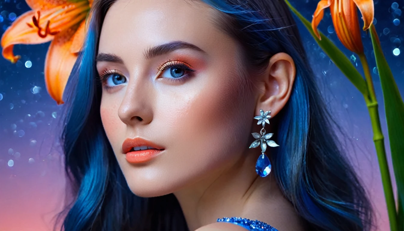 Beautiful realistic girl with blue long hair... ,..... ,Close-up of clean skin with detail ,,in a pink blouse,on an orange background ,Against the background of the starry sky,bright makeup,EARRINGS WITH SEquins, gray two-leaf flower, translucent gray speckled bifoil, Bioluminescent - Ultra High Quality 8K, High Contrast, rich colors, soft light, super detailed photos. сверхhigh quality 8K, High Contrast, noise suppression, яркие rich colors.. high quality, 8k Ultra HD, High with high quality, soft close focus, very beautiful flower, translucent red lily of the valley with dewdrop flower, bioluminescent flower glows and shimmers, he grows in a mysterious forest, Shrouded in mystery, Сверхhigh quality 8k, high contrast, rich colors, Soft lungs, highly detailed photographs. Более high quality 8k, high trust, noise suppression, яркие rich colors.. high quality, 8k Ultra HD, high trust
