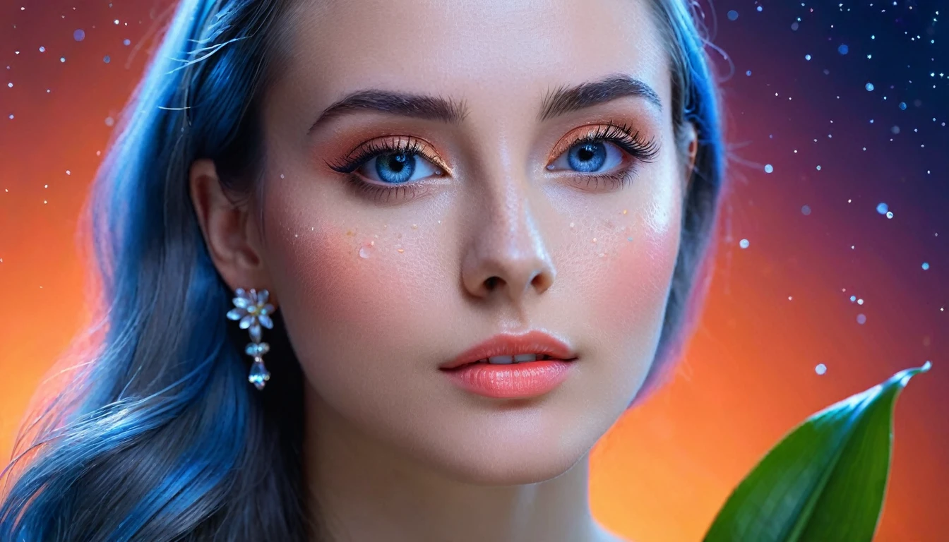 Beautiful realistic girl with blue long hair... ,..... ,Close-up of clean skin with detail ,,in a pink blouse,on an orange background ,Against the background of the starry sky,bright makeup,EARRINGS WITH SEquins, gray two-leaf flower, translucent gray speckled bifoil, Bioluminescent - Ultra High Quality 8K, High Contrast, rich colors, soft light, super detailed photos. сверхhigh quality 8K, High Contrast, noise suppression, яркие rich colors.. high quality, 8k Ultra HD, High with high quality, soft close focus, very beautiful flower, translucent red lily of the valley with dewdrop flower, bioluminescent flower glows and shimmers, he grows in a mysterious forest, Shrouded in mystery, Сверхhigh quality 8k, high contrast, rich colors, Soft lungs, highly detailed photographs. Более high quality 8k, high trust, noise suppression, яркие rich colors.. high quality, 8k Ultra HD, high trust