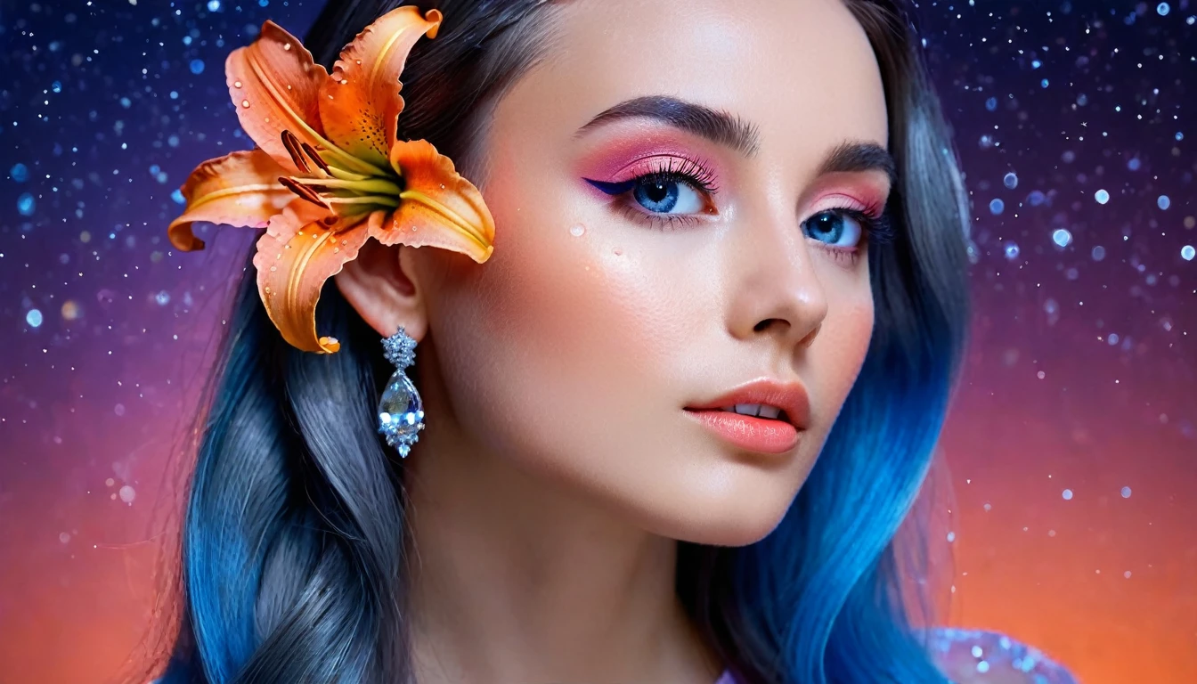 Beautiful realistic girl with blue long hair... ,..... ,Close-up of clean skin with detail ,,in a pink blouse,on an orange background ,Against the background of the starry sky,bright makeup,EARRINGS WITH SEquins, gray two-leaf flower, translucent gray speckled bifoil, Bioluminescent - Ultra High Quality 8K, High Contrast, rich colors, soft light, super detailed photos. сверхhigh quality 8K, High Contrast, noise suppression, яркие rich colors.. high quality, 8k Ultra HD, High with high quality, soft close focus, very beautiful flower, translucent red lily of the valley with dewdrop flower, bioluminescent flower glows and shimmers, he grows in a mysterious forest, Shrouded in mystery, Сверхhigh quality 8k, high contrast, rich colors, Soft lungs, highly detailed photographs. Более high quality 8k, high trust, noise suppression, яркие rich colors.. high quality, 8k Ultra HD, high trust