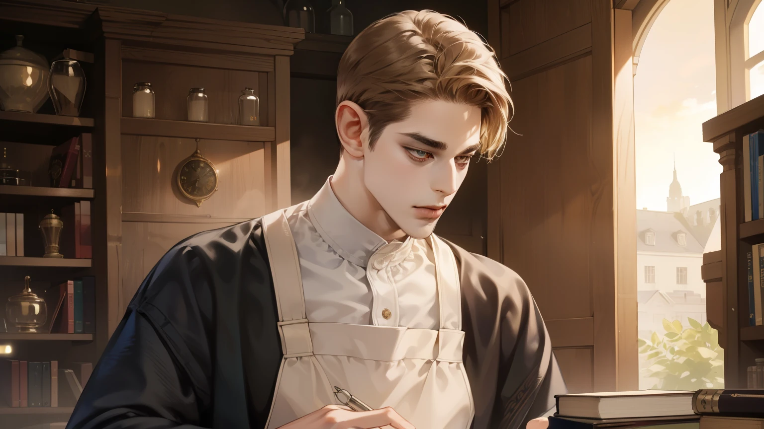 masterpiece, Best quality, realistic, ((One, 1 person)), Mature man, Quiet and charming young man, 25 years, waist up very detailed face, narrow shoulders, thin, Middle Ages, 19th century,, ((golden eyes)), ((Short, light brown hair combed to the right)), [thick eyebrows], in an apron, Cinematic lighting, I look at the audience, posture dynamics, dress the doctor, monocle, textile, behind there is a table with medicines and flasks, books,
