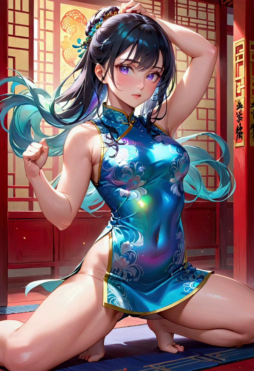 (masterpiece), best quality, expressive eyes, perfect face, Adult Female,long dark iridescent hair, iridescent eyes, small waist, , large thighs, martial art leg pose, arm pit,open legs, cheongsam