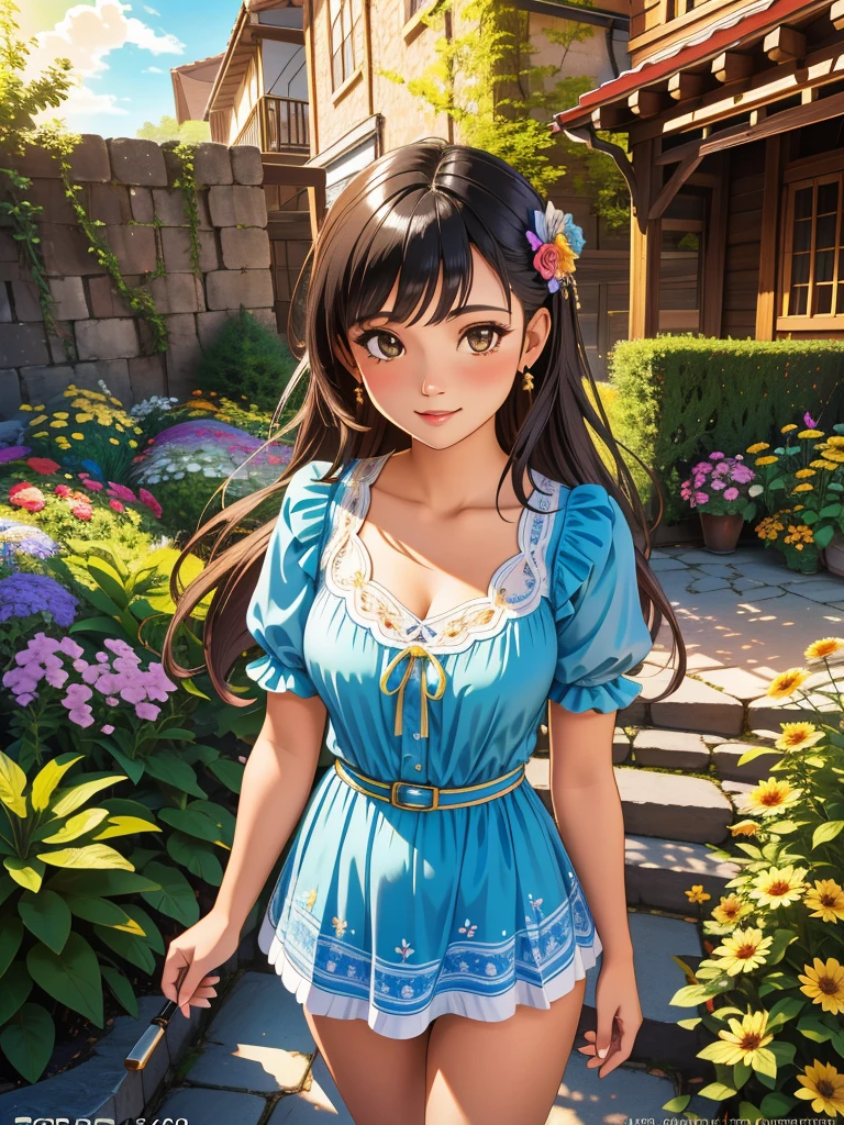 1girl, vibrant 3d blender render, stylized, wide angle of a Wizardcore Entrancing ("Past, Present & Future":1.3) , Warm garden in background, dense flowers and cityscape, at Golden hour, FOV 90 degrees, Vivid, Light, Cobra, side lit, Selective focus, Single Color, Double Exposure, glitter texture, Highres, award winning, (detailed art stylized by Jacek Yerka:0.7) , (Eugène Atget:0.8)