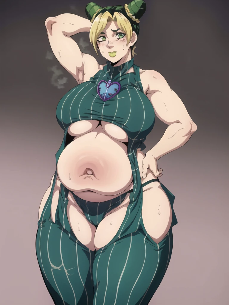 1girl, solo, jolyne, green eyes, lips, closed mouth, looking at viewer, halterneck, pants, simple background, cowboy shot, (contrapposto), short hair, thick thighs, arms behind head, bare arms, sleeveless, bloated, overfed, chubby belly, massive belly, bbw, fat, obese, blushing, sweaty, ssbbw massive belly,