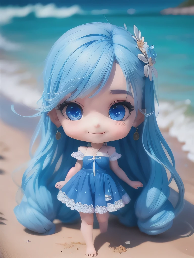 (masterpiece),(best quality),(ultra-detailed), (full body:1.2), 1girl,chibi,cute, smile, Long blue hair, tuft of hair on the head, Clamshell hairpins on both sides of the hair, blue eyes, earring, blue dress, lace legwear, (at the beach), seductive posture, smile, (beautiful detailed face), (beautiful detailed eyes), bare feet