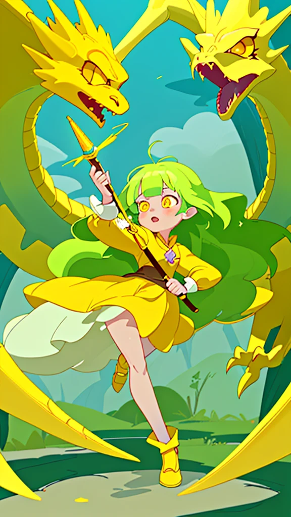 In a high fantasy world、Girl wearing yellow clothes The girl, who is accompanied by a yellow dragon and has a lot of refined topaz, holds a magic wand in her left hand.