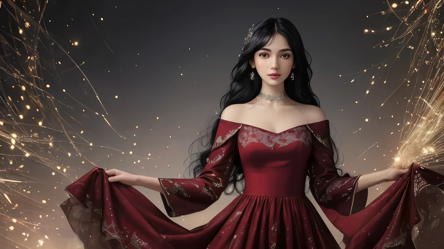 ((best quality)), ((masterpiece)), (detailed), A digital illustration of a young woman surrounded by fabric and sewing materials, with magical sparkles emanating from her hands as she creates a dress. She has long black hair and is wearing a flowing red dress.
