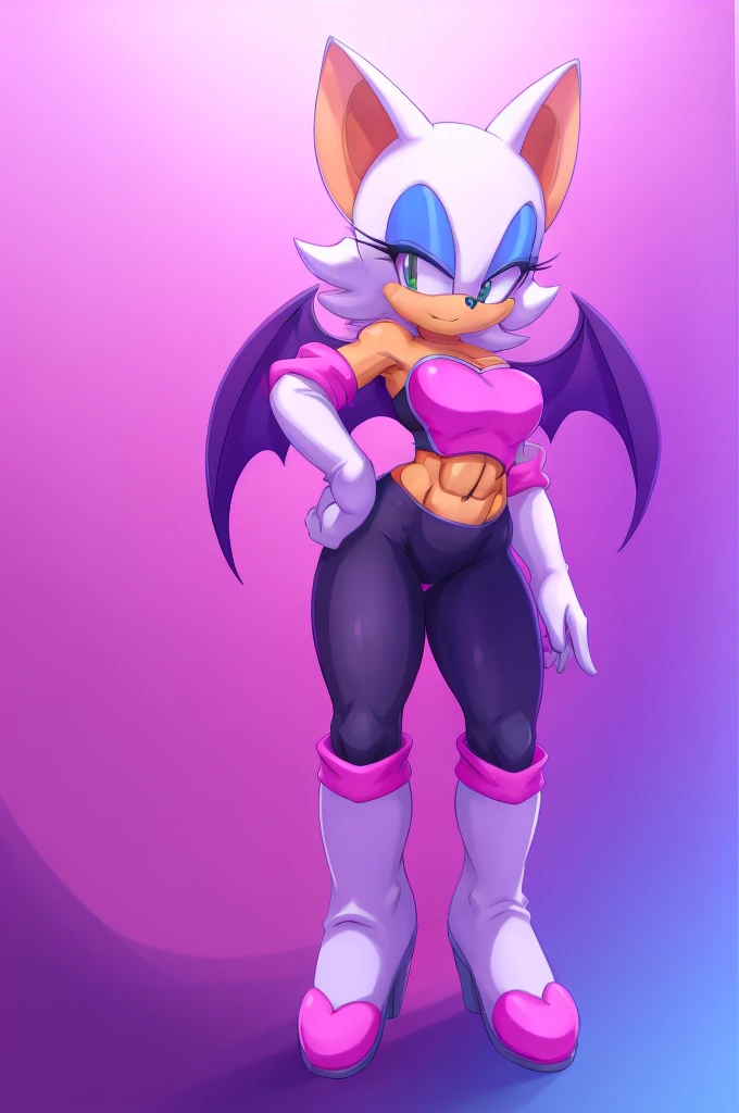 a digital artwork of Rouge the bat with long boots, gloves, and abs wearing a crop top of her outfit with black pants, a bare midriff and a bare navel , digital art, ((perfect face)), ((best quality)), ((masterpiece)), she has a tan midriff, bat wings, she has sunglasses
