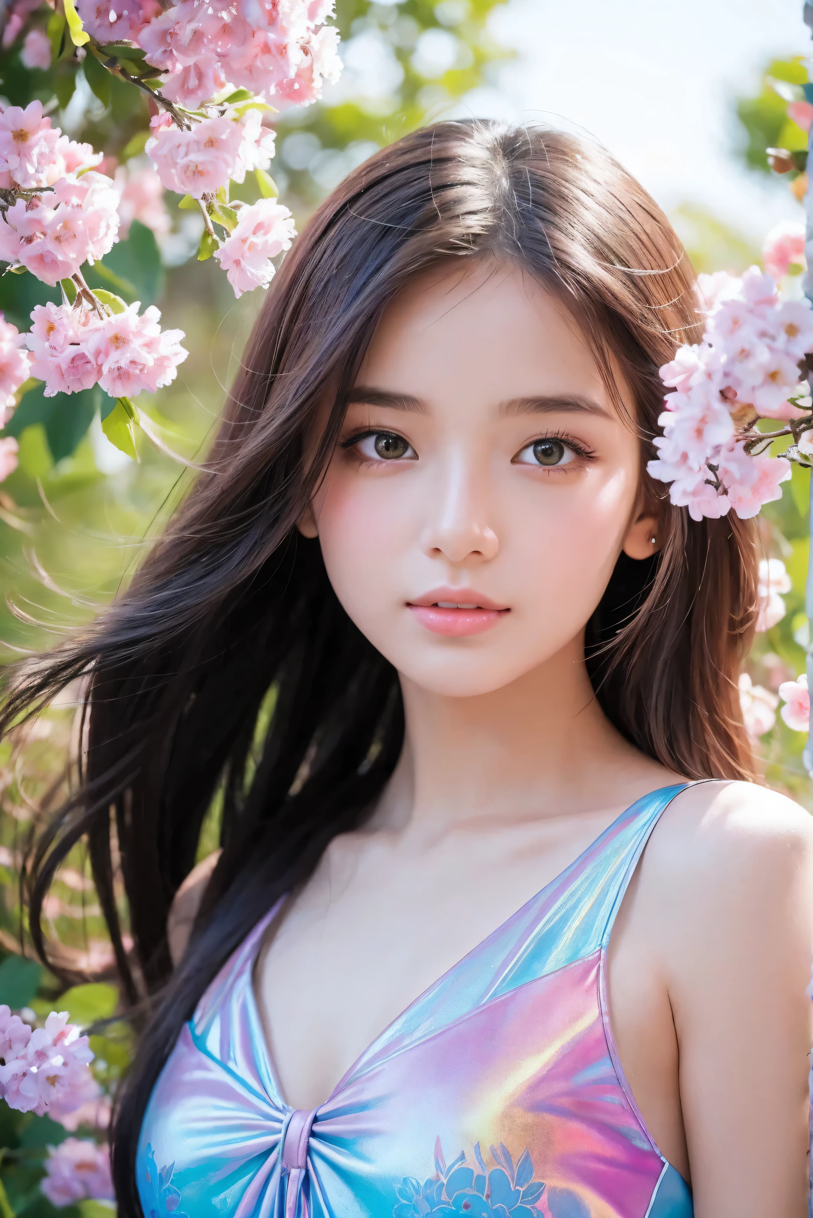 Close-up portrait of a young woman with vibrant, blowing hair and mesmerizing eyes, posing in mid-flight amidst a serene garden filled with blooming flowers. Soft, cinematic lighting illuminates her delicate features, capturing the charming, cute, and beautiful expression shining like a sunset amidst a rainbowish aura ((holographic)). Her flowing dress made of ultra-detailed petals appears to dance across her figure as she takes flight, set against a lush backdrop of colorful blooms.