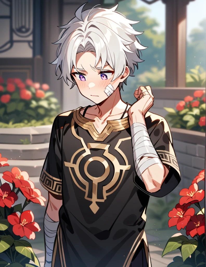 small Greek boy with white hair, violet eyes, wearing an all-black Greek shirt with small gold details, with bandages on his cheek and arm, standing scratching his head while looking away blushing, with a garden of red flowers in a blurred background