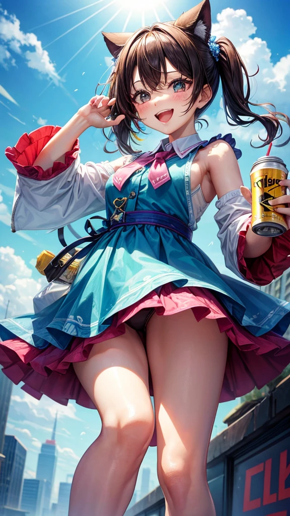 Holding an energy drink in one hand,、A cheerful older sister