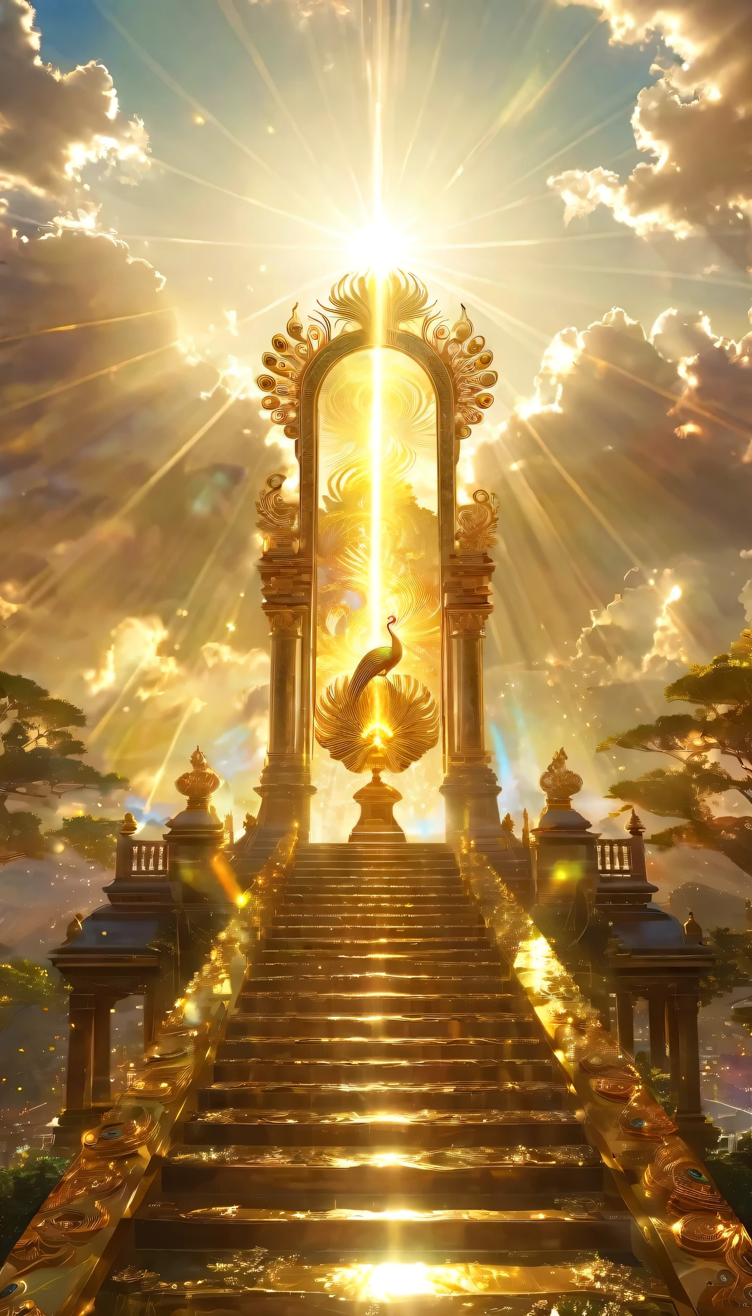 Very beautiful photo of a golden peacock、A dazzling light that paints everything in gold、GOD々area、digitl art, The clouds dissipate and the bright sun appears, on Ascension Day，golden sun、City of Heaven、GOD々Utopian、There is a relic。Lens flare、angel ladder、super detaill，highest quallity，work of art，（8K)，very detailled，A wonderful work of art，The picture is clear，Golden light in the background