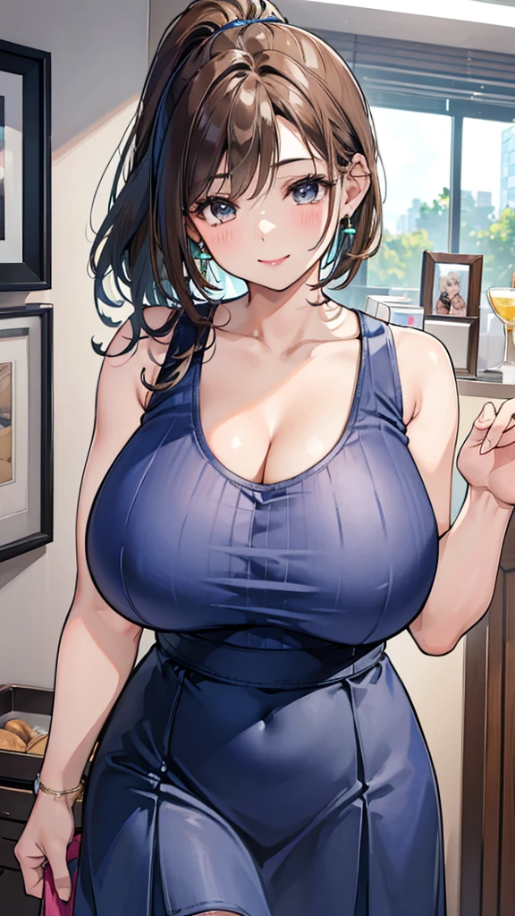 Female 26 years old,housewife,Sunlight,Smile,put on lipstick,Light brown curly short hair,A ponytail on the left,Aqua blue suspender skirt,Slightly plump,huge firm breasts,market shopping,Wearing a watch on the right hand,half moon earrings