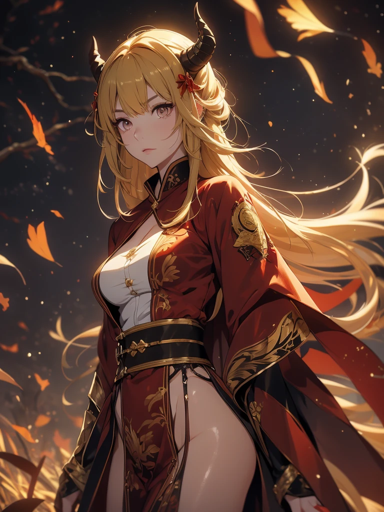 A woman with short brown hair and a mix of blonde and brown eyes. She wears the demon slayer standard corps uniform. She has a red haori with a pattern on it. She's a demon slayer character. 21 year old woman. She wears hair with bangs because she has a large plus-shaped scar in the middle of her forehead. Elegant. Serious. Kind. Demon slayer art style. She is now in a peaceful and daytime forest. She has a katana sword. She's so beautiful. She shines like a diamond. Demon slayer art. Anime.