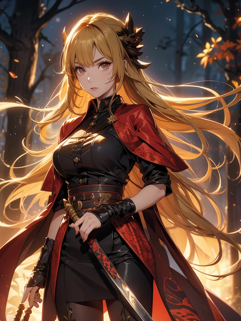 A woman with short brown hair and a mix of blonde and brown eyes. She wears the demon slayer standard corps uniform. She has a red haori with a pattern on it. She's a demon slayer character. 21 year old woman. She wears hair with bangs because she has a large plus-shaped scar in the middle of her forehead. Elegant. Serious. Kind. Demon slayer art style. She is now in a peaceful and daytime forest. She has a katana sword. She's so beautiful. She shines like a diamond. Demon slayer art. Anime.