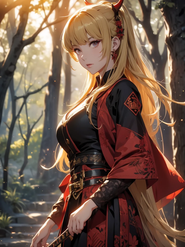 A woman with short brown hair and a mix of blonde and brown eyes. She wears the demon slayer standard corps uniform. She has a red haori with a pattern on it. She's a demon slayer character. 21 year old woman. She wears hair with bangs because she has a large plus-shaped scar in the middle of her forehead. Elegant. Serious. Kind. Demon slayer art style. She is now in a peaceful and daytime forest. She has a katana sword. She's so beautiful. She shines like a diamond. Demon slayer art. Anime.
