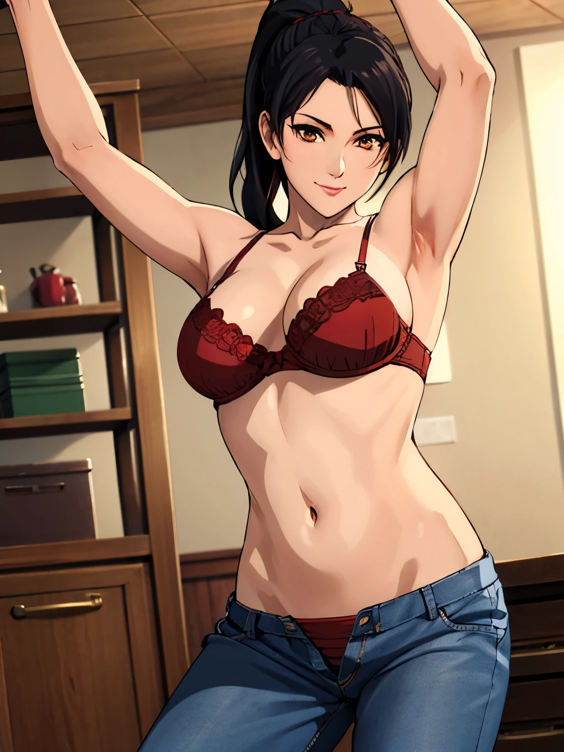 squatting:1.6, red strip bra, short jeans, home background, momiji, anime cels style, best quality, high resolution, 1girl, (big breasts:1.0), beautiful face, ponytail, black hair, long hair, long hair, little biceps, long belly, brown eyes, cowboy shot, light smile, red lipstick, stretching, attractive armpit