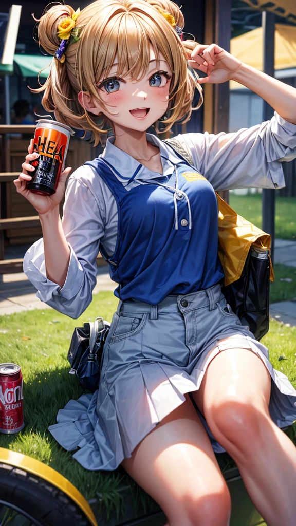Solo character, full body version, man, tall height, green color hair, hazel eyes, happy eyes, open mouth, laugh, clown makeup, casual style clothing, brown color clothing, boots, detailed shadow, indoor, bar, evening, people, beer in hand, one piece style art, His face is similar to Luffy one piece