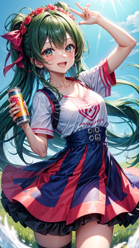 Holding an energy drink in one hand,、A cheerful older sister