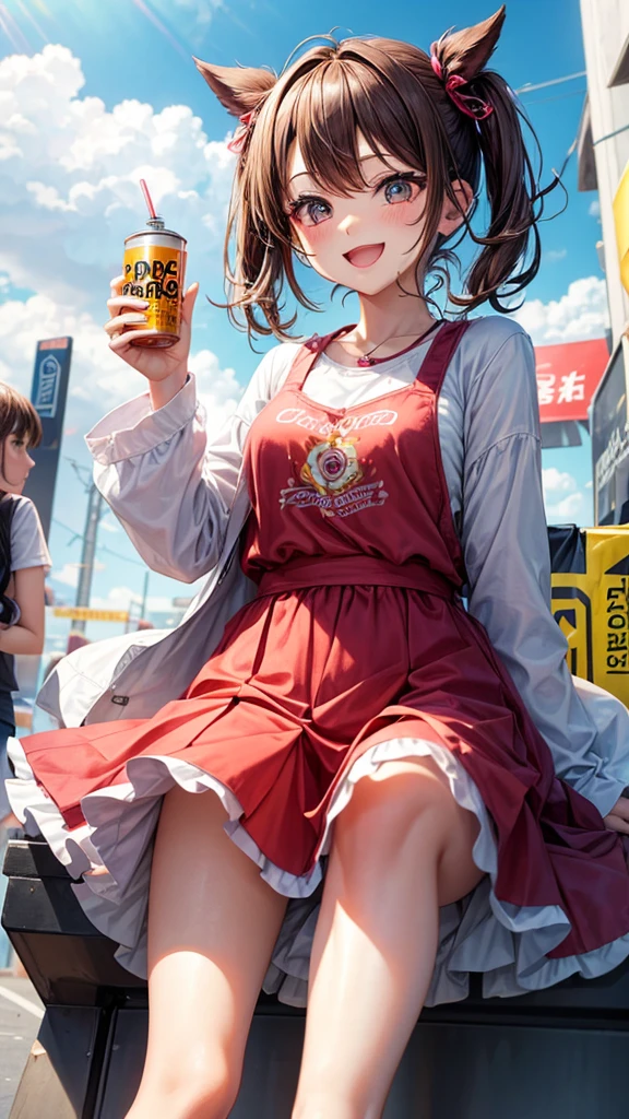 Holding an energy drink in one hand,、A cheerful older sister