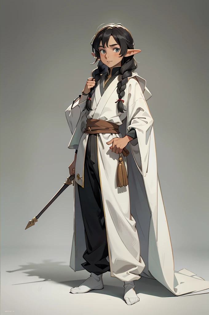 elf, young cute boy, long hair, braids, young, cute, ,medieval clothes, black and white clothes, jester, tanned skin, robe, pants, long socks
