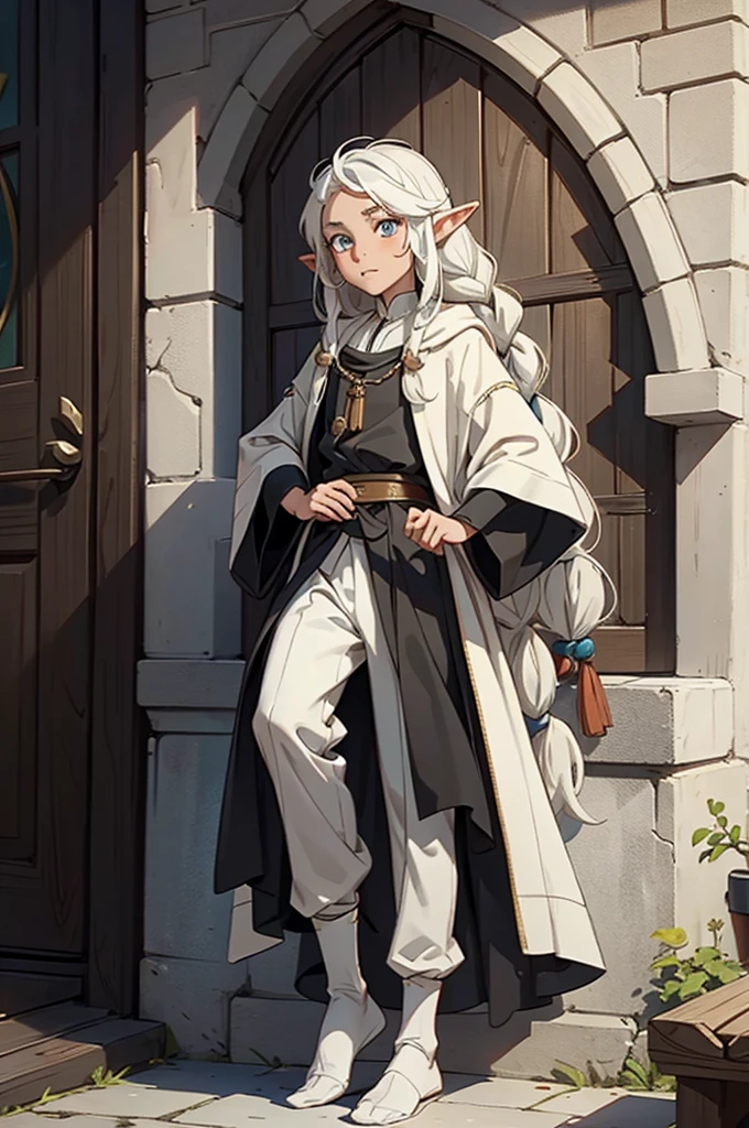 elf, young cute boy, long hair, braids, young, cute, ,medieval clothes, black and white clothes, jester, tanned skin, robe, pants, long socks