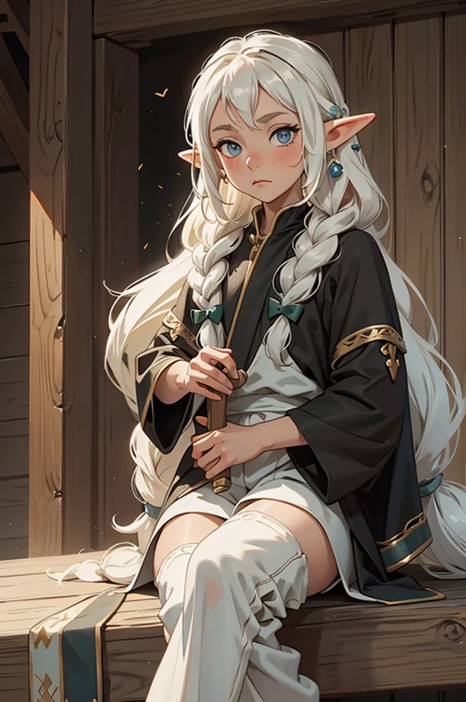 elf, young cute boy, long hair, braids, young, cute, ,medieval clothes, black and white clothes, jester, tanned skin, robe, pants, long socks
