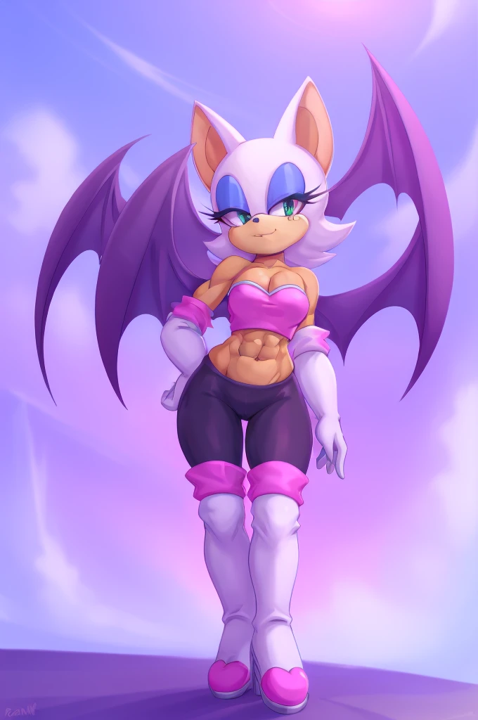 a digital artwork of Rouge the bat with long boots, gloves, and abs wearing a crop top of her outfit with black pants, a bare midriff and a bare navel , digital art, ((perfect face)), ((best quality)), ((masterpiece)), she has a tan midriff, bat wings, she has sunglasses
