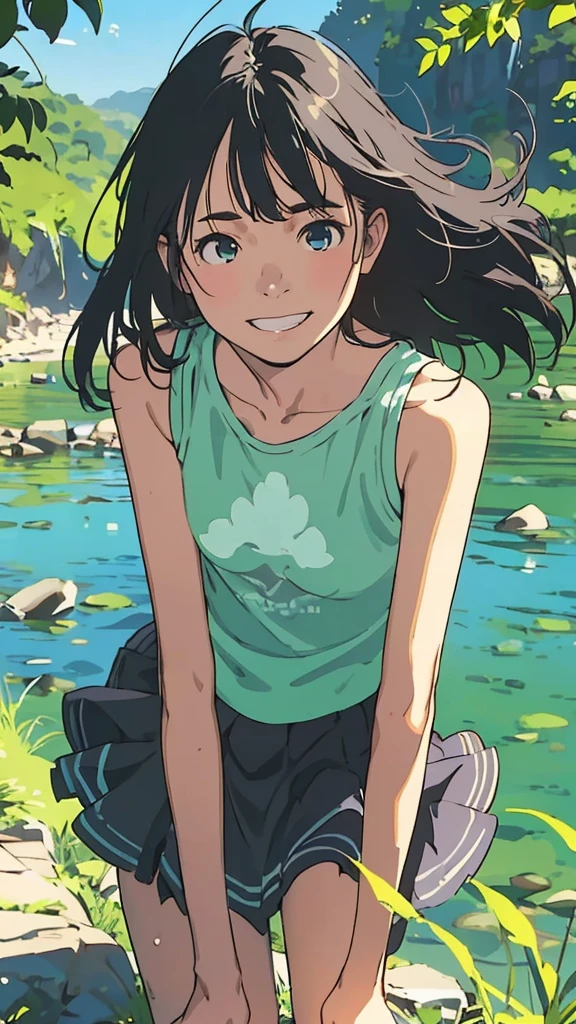 reasonable design, Clear lines, High Sharpness, (highest quality,8K,Perfect sharpness,Ultra fine,High resolution,masterpiece:1.2), Perfect Anatomy:1.5, Official Art, Illustrations that tell a story, (Whitish background:0. 9)、Body Positivity、More Mr.Physical expression、(Random and mischievous poses)、Perfect beauty、Perfect beautiful face、Strong winds、A rich expression、Dynamic composition、smile、Golden ratio composition、colorful、(Mr.Different angles and perspectives)、anime art、mini skirt、(Overcoming stereotypes)、 Glowing Skin、(Natural beauty)、smile、bangs、Straight Hair、(Soft and flowing hair)、(Rural Scenery)、(Nostalgic atmosphere)、Insert up to the thighs、(Playful and carefree)、(More Mr.Ethnic characters)、(innocent attitude)、(Sunny atmosphere)、Skirt flipped up、(Bright colors)、Belly button exposed、Beautiful Eyes、A skirt fluttering in the wind、Put it in to your feet、Some composition patterns、Tank top、sensuous、Geometric pattern、emotional、