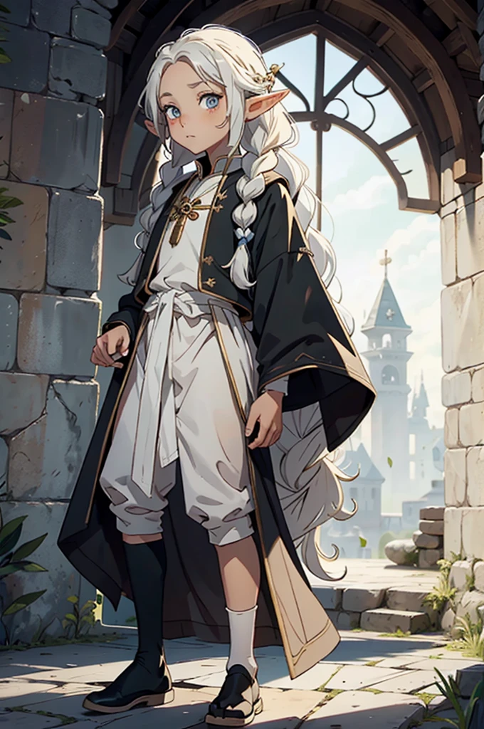elf, young cute boy, long hair, braids, young, cute, ,medieval clothes, black and white clothes, jester, tanned skin, robe, pants, long socks