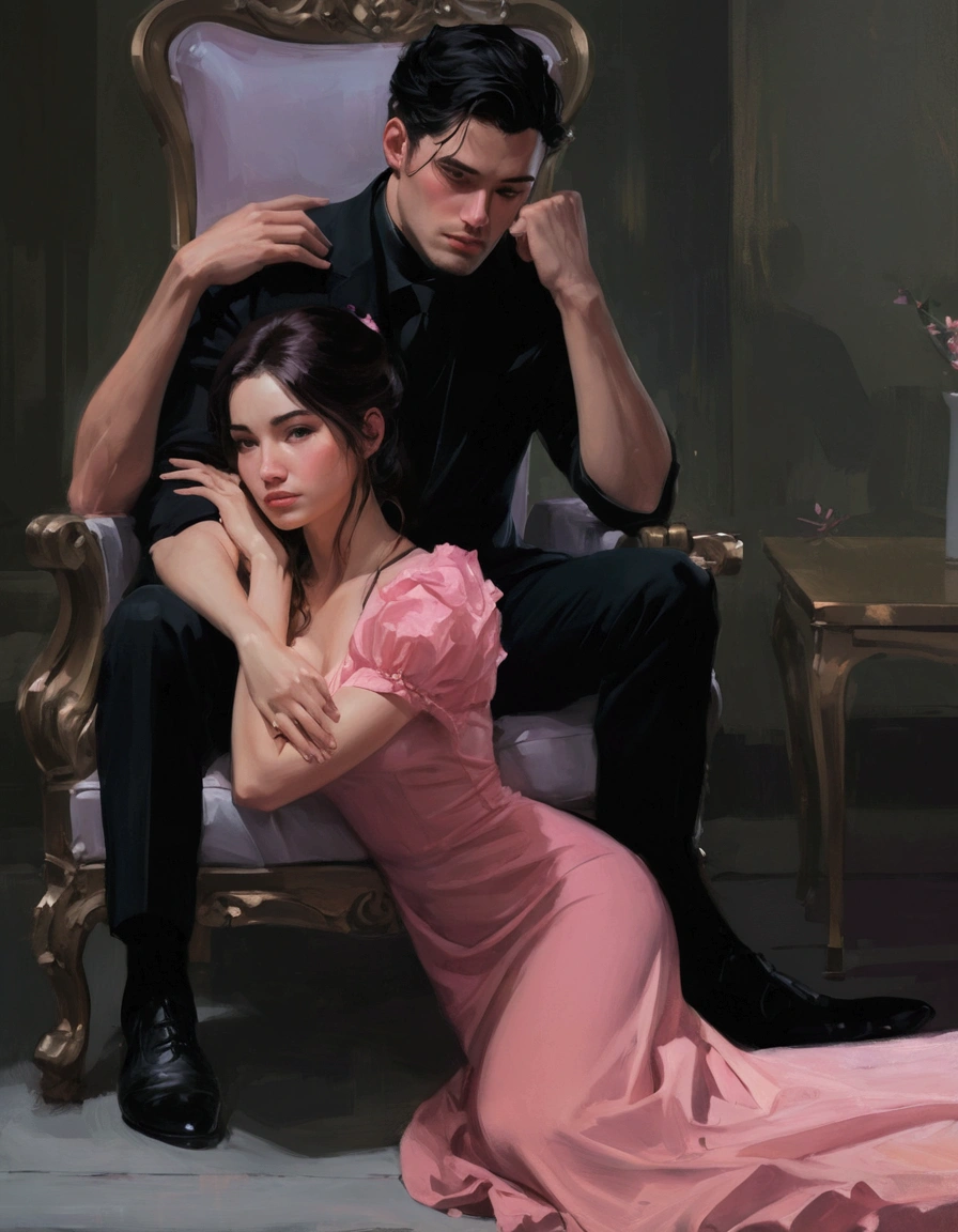 painting of a woman in a pink dress sitting next to a man in a black suit, in the art style of bowater, artwork in the style of guweiz, rob rey and kentarõ miura style, charlie bowater and artgeem, high quality fanart, romanticism art style, rob rey and kentarõ miura