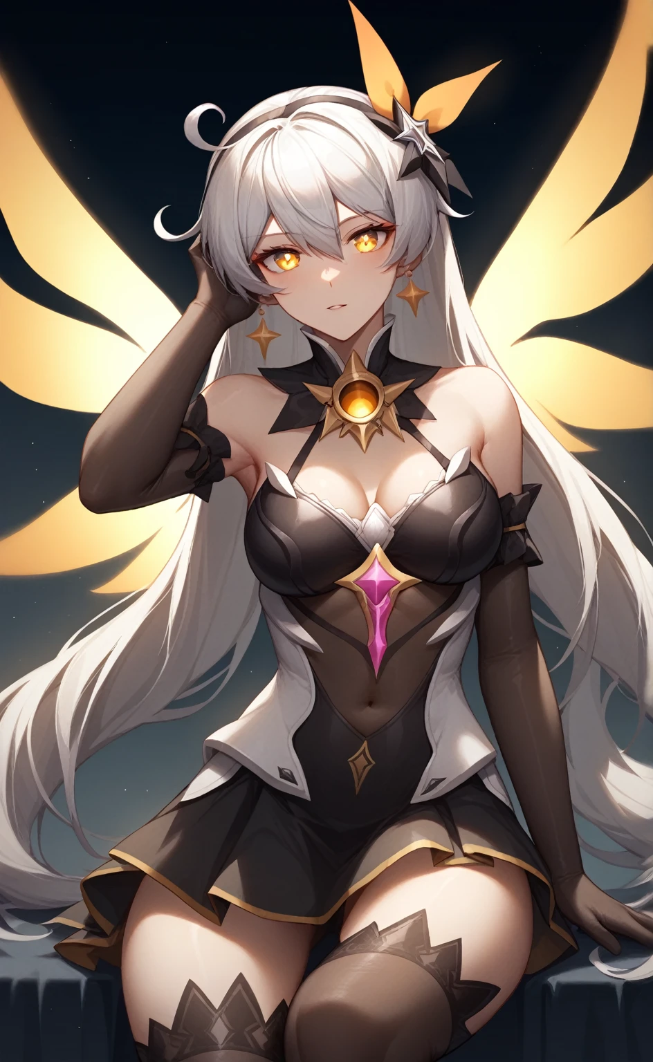 score_9,score_8_up,score_7_up,1girl, kiana_kaslana_\(herrscher_of_the_void\), solo, sitting, very_long_hair, white_hair, sidelocks, hair_ornament, large_breasts, medium_breasts, thighhighs, jewelry, spear, absurdres, depth_of_field, highres, armored_dress, bare_shoulders, commentary_request, dark_persona, diamond-shaped_pupils, elbow_gloves, energy_wings, floating_weapon, fur-trimmed_dress, hair_between_eyes, hand_on_own_head, light_particles, looking_at_viewer, parted_lips, snapping_fingers, yellow_eyes