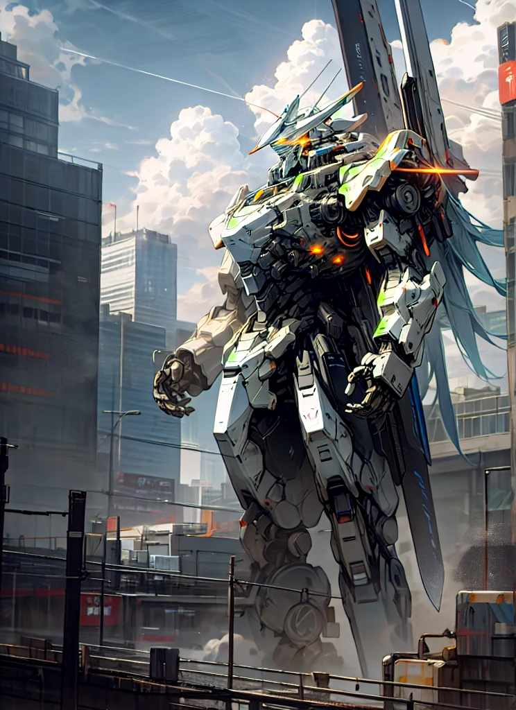 sky, cloud, holding_weapon, no_humans, glowing, , robot, building, glowing_eyes, mecha, science_fiction, city, realistic,mecha