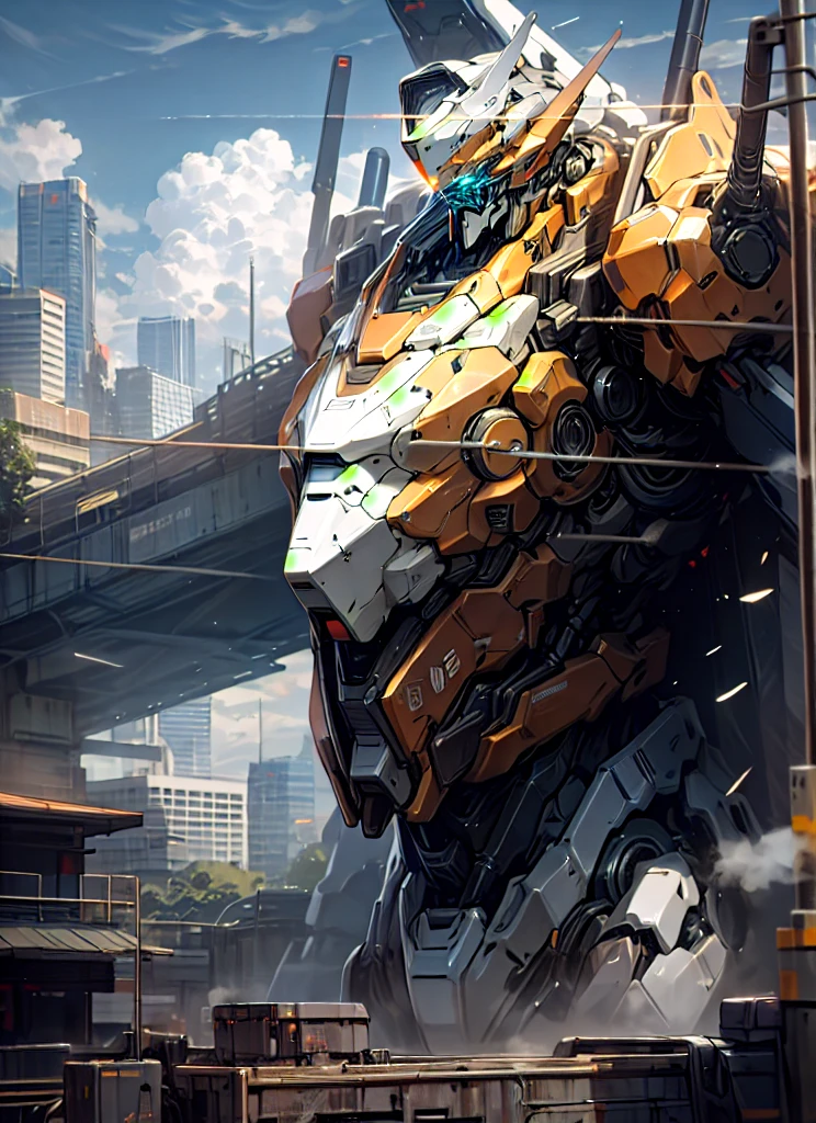sky, cloud, holding_weapon, no_humans, glowing, , robot, building, glowing_eyes, mecha, science_fiction, city, realistic,mecha