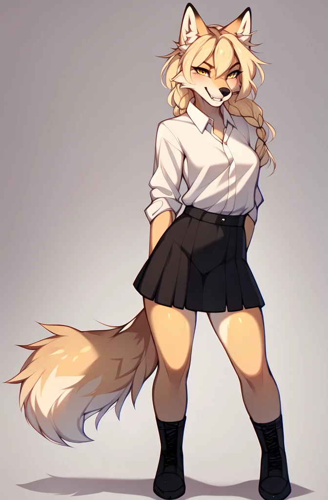 Kimiko, detailed yellow eyes, tan fox girl, white ear fluff, by hyattlen, by braeburned, by zaush, by fumiko, grinning, furrowed eyebrows, canine teeth,