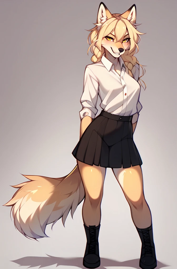 Kimiko, detailed yellow eyes, tan fox girl, white ear fluff, by hyattlen, by braeburned, by zaush, by fumiko, grinning, furrowed eyebrows, canine teeth,