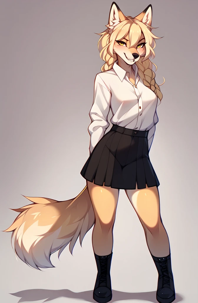 Kimiko, detailed yellow eyes, tan fox girl, white ear fluff, by hyattlen, by braeburned, by zaush, by fumiko, grinning, furrowed eyebrows, canine teeth,