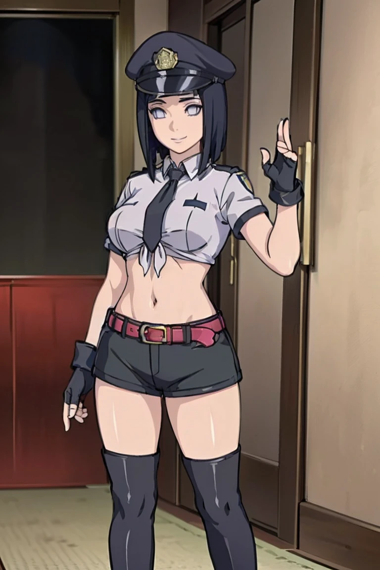 (1girl,  solo, (masterpiece:1.2), best quality, , Midriffs, black Police peaked cap, White Police Top, front-tie top, white hair, single braid , Blue eyes, Black High-waist shorts, red belt, Black fingerless gloves, black Calf boots, ((perfect female figure)), seductive posture, sexy pose,  ,Hinata hyuga , smile 