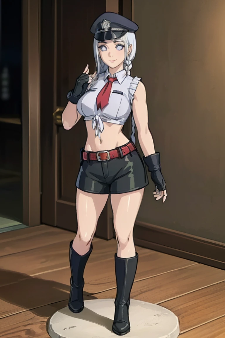 (1girl,  solo, (masterpiece:1.2), best quality, , Midriffs, black Police peaked cap, White Police Top, front-tie top, white hair, single braid , Blue eyes, Black High-waist shorts, red belt, Black fingerless gloves, black Calf boots, ((perfect female figure)), seductive posture, sexy pose,  ,Hinata hyuga , smile 