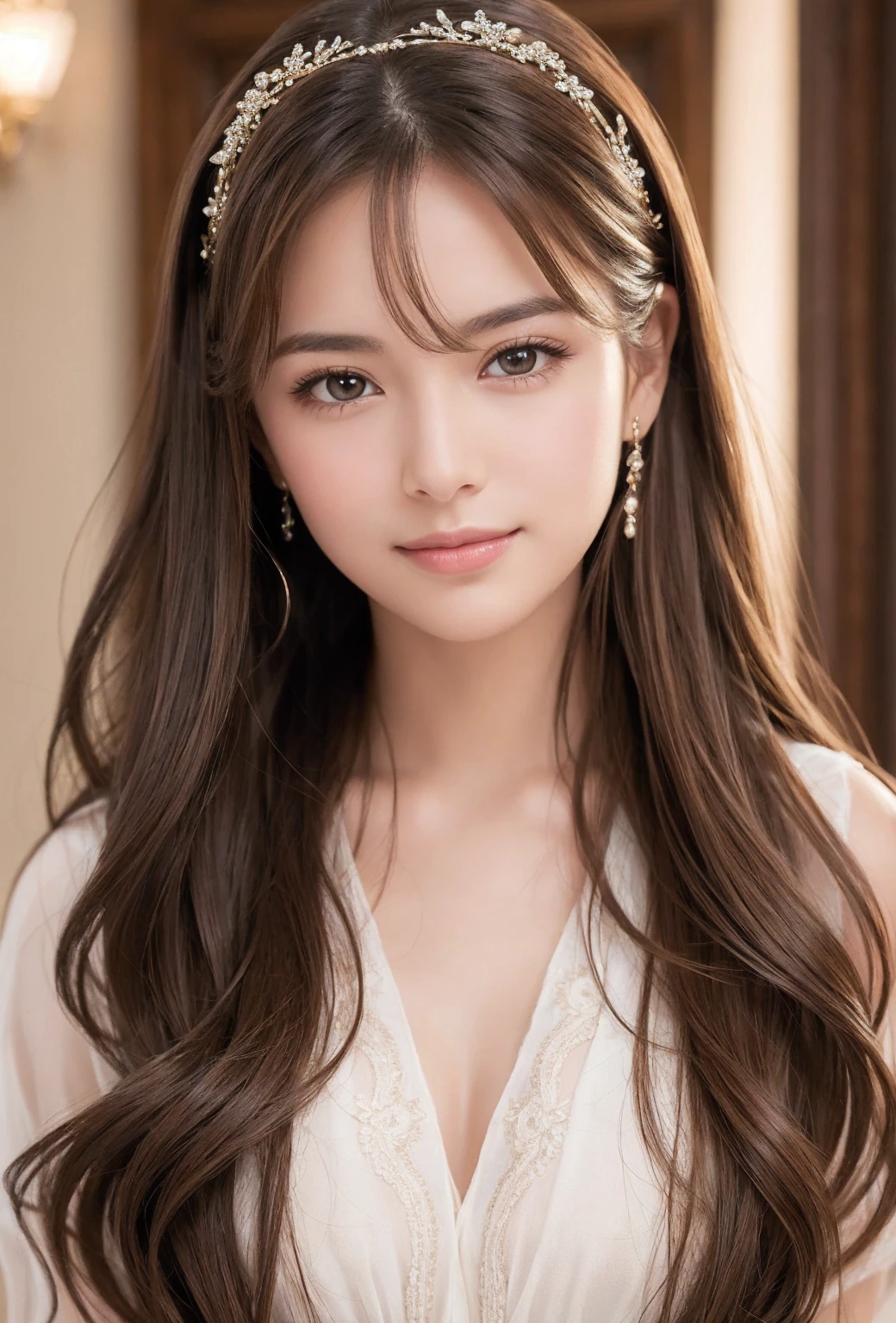 A stunning 8k masterpiece portrait of a beautiful girl with long, luscious brown hair, expertly styled in an elegant pulled-back hairstyle. Her warm brown eyes sparkle with a subtle smile, closed mouth at 1.2 inches, conveying gentle warmth. Delicate features and a delicate face frame her captivating gaze. A touch of hair accessory adds a dash of sophistication to this high-quality, best-in-class portrait.