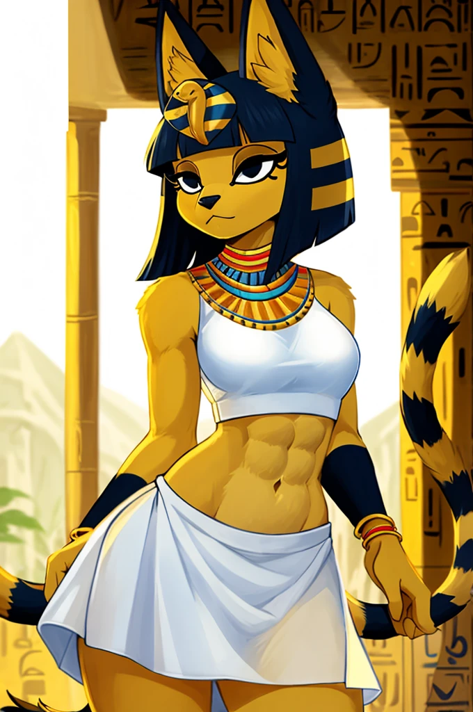 ((best quality)), ((masterpiece)), (detailed), a digital artwork of ankha with abs wearing a crop top of her white sleeveless dress with white long dress skirt, a bare midriff and a bare navel, Egyptian setting, tail, blue Egyptian handbands, furry, anthro style, 2d style