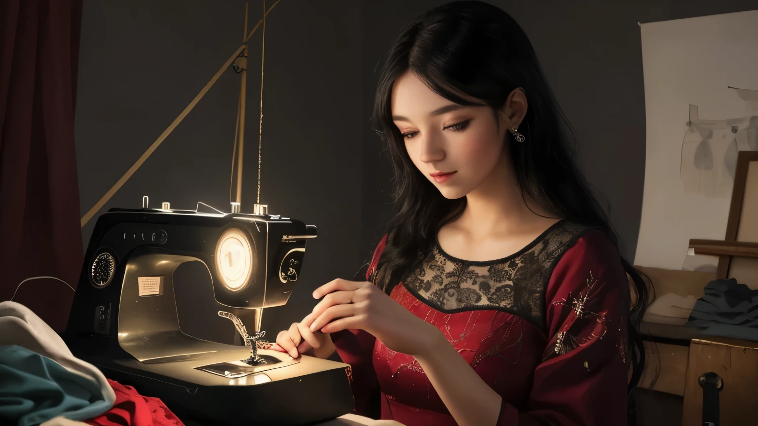((best quality)), ((masterpiece)), (detailed), A digital illustration of a young woman surrounded by fabric and sewing materials, with magical sparkles emanating from her hands as she creates a dress. She has long black hair and is wearing a flowing red dress.