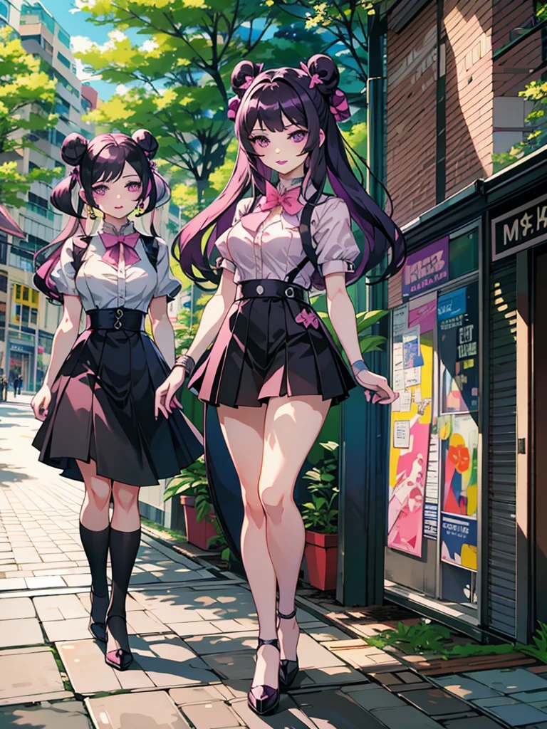 masterpiece, high quality, best quality, highres, 4k, anime, 1girl, young woman, colored lips, purple lips, purple eyes, pink eyeliner, makeup, long black hair with hair buns, pink bows on hair, white blouse, short sleeves, black panythose, pink nails, indoors, smirk, solo, looking at viewer