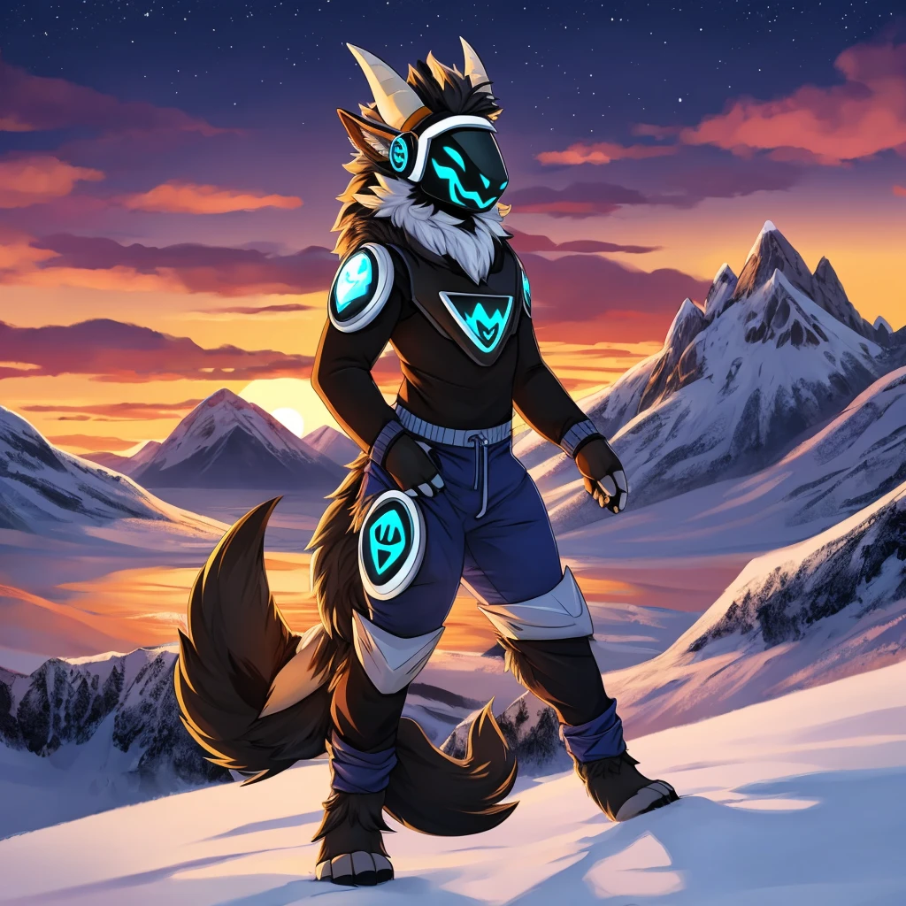 Hairy protogen with horns on his head and smiling in a mountainous sunset and blue with black and white with the body of a protogen with more vital parts and with a sweater and mountain pants