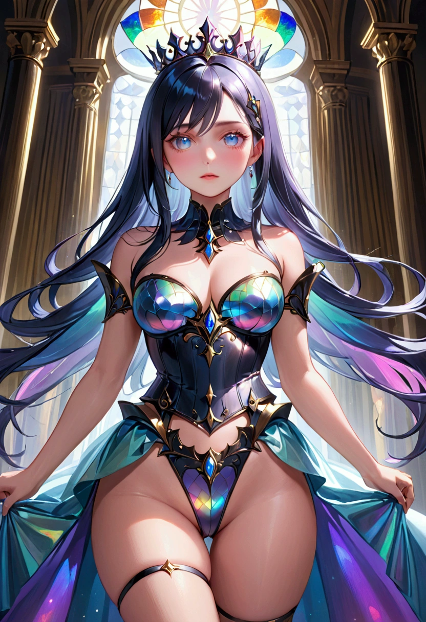 (masterpiece), best quality, expressive eyes, perfect face, Adult Female,long dark iridescent hair, iridescent eyes, small waist, , large thighs,queen attire