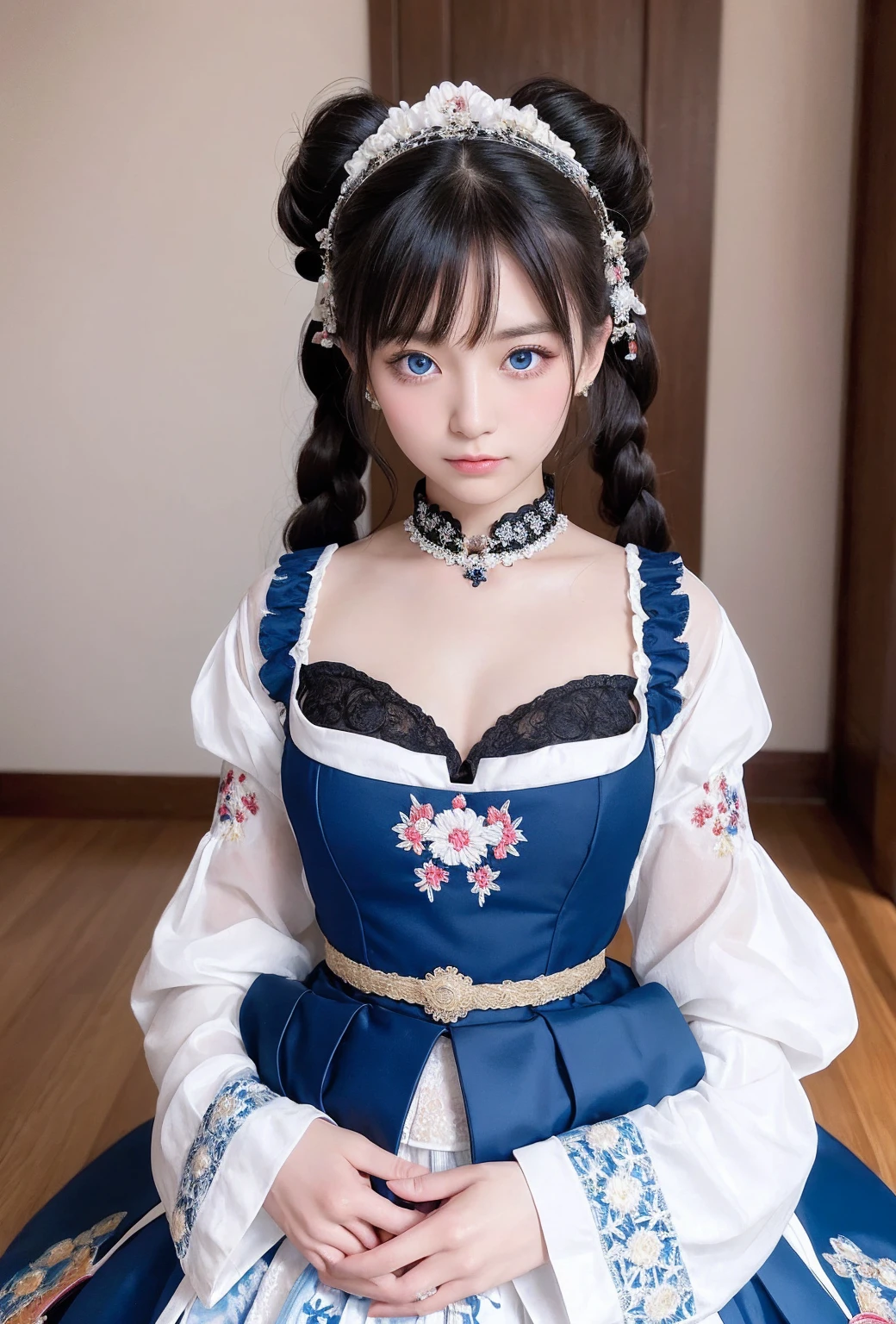 A close-up portrait of a young woman with mesmerizing features, surrounded by whimsical twintails styled in Ainu-inspired traditional attire merged with Gothic ta fashion. She poses mid-flight, décolletage softly lit against a crisp white background. The intricate embroidery on her floor-length ball gown subtly catches the eye, as piercing blue eyes and impressive breasts command attention.